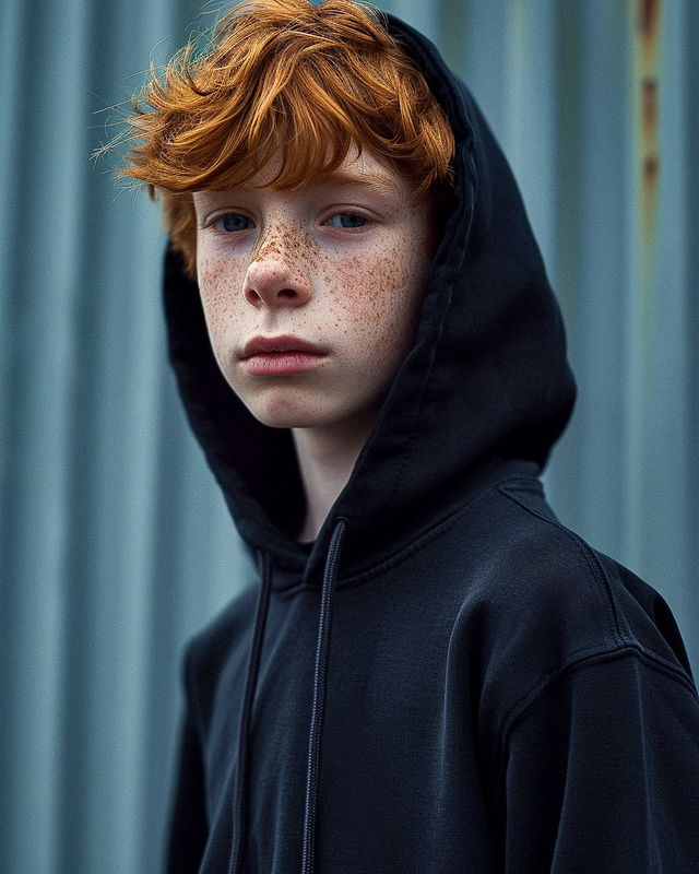 Freckled red-haired boy in a black hoodie, realistic portrait with cool blue lighting, Midjourney V6.0