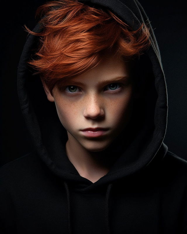 Red-haired boy in a black hoodie, photorealistic portrait with dark tones and dramatic lighting, Midjourney V5.2