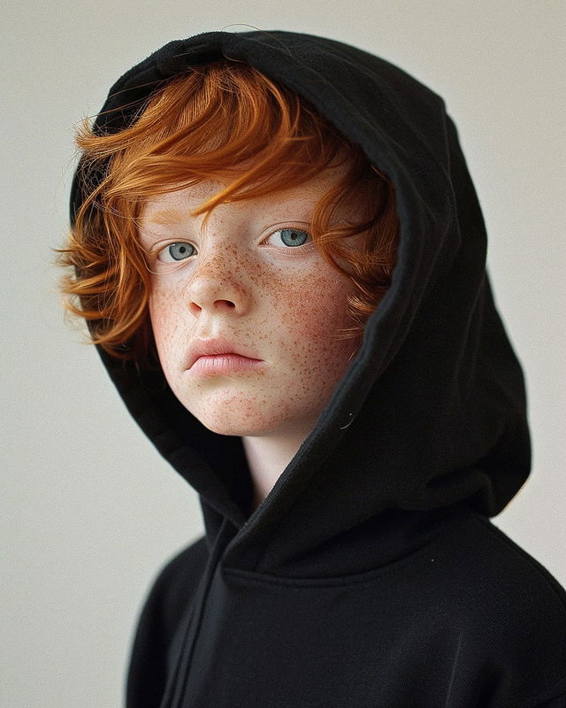 Red-haired boy in a black hoodie, softly lit realistic portrait in muted neutral tones, Midjourney V6.0