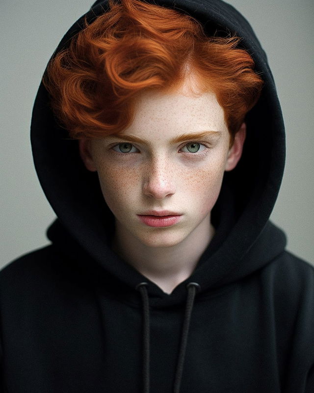 Red-haired boy in a black hoodie, softly lit realistic portrait photograph in muted tones, Midjourney V5.2
