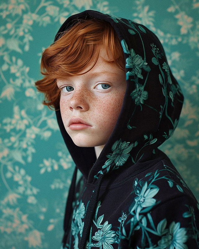 Red-haired boy in a black floral hoodie, soft portrait photography in teal and cyan light, Midjourney V6.0