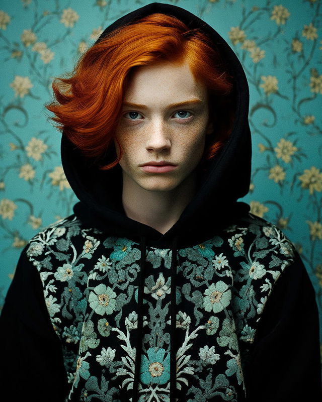 Red-haired boy in a black floral hoodie, photographed in cool teal tones with soft light, Midjourney V5.2