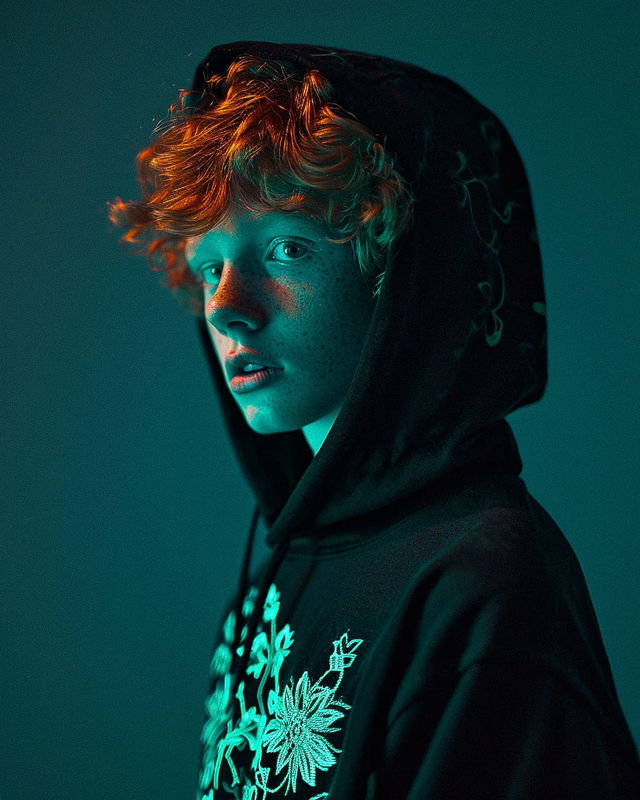 Redheaded boy in a black floral hoodie, portrait in the style of Loretta Lux with green neon light, Midjourney V6.0