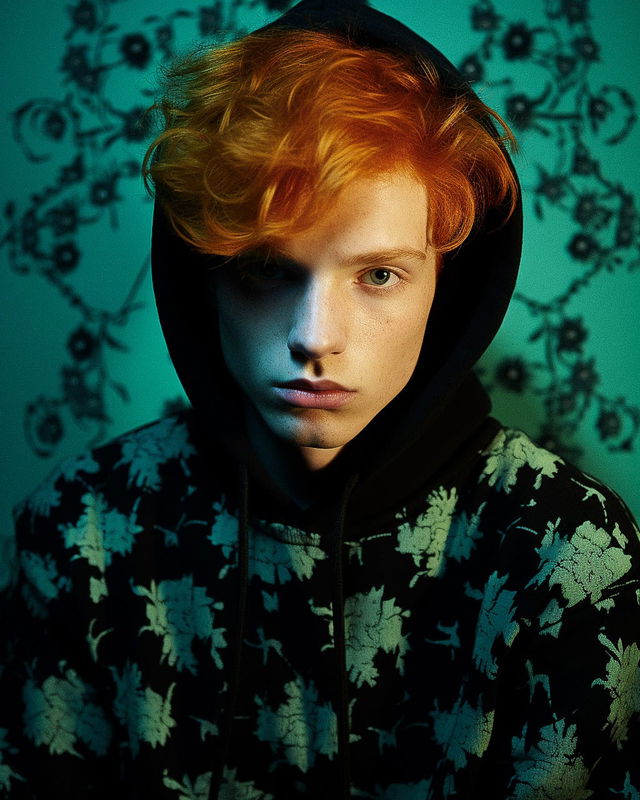 Redheaded boy in a black floral hoodie, photographed with cyan-green neon lighting, Midjourney V5.2