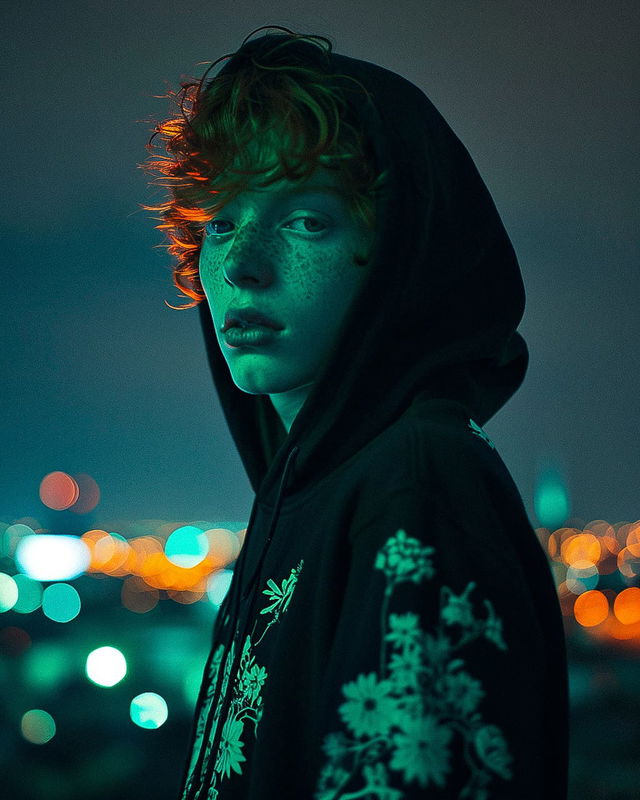 Red-haired boy in a black floral hoodie, photographed in Loretta Lux style with green neon light, Midjourney V6.0