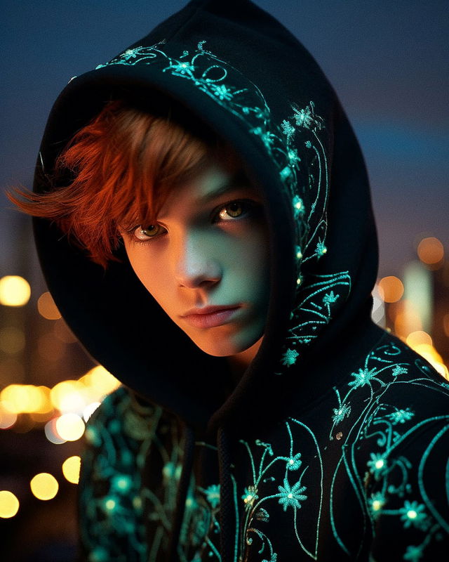 Red-haired boy in a black floral hoodie, neon-lit portrait with cyan embroidery and city bokeh, Midjourney V5.2