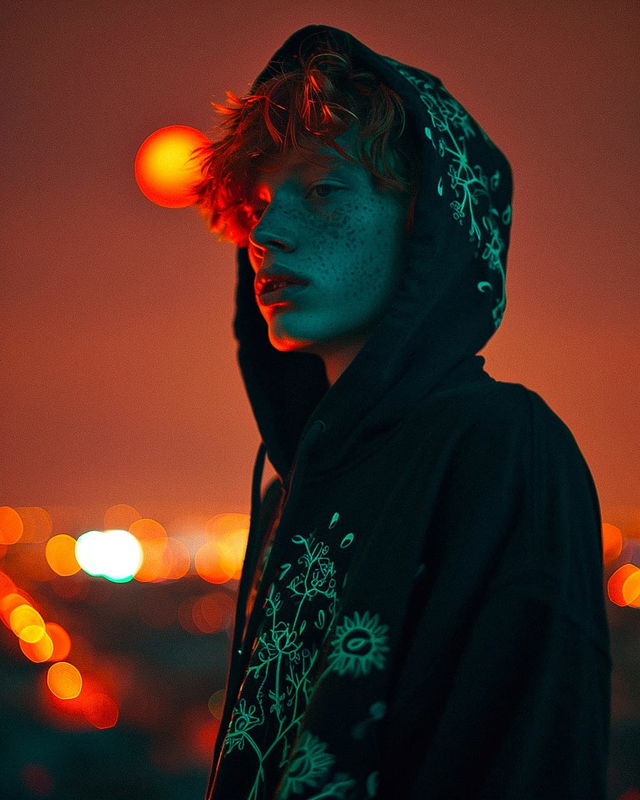 Redheaded boy in a black floral hoodie, cyan-green lit against an orange night city, Midjourney V6.0