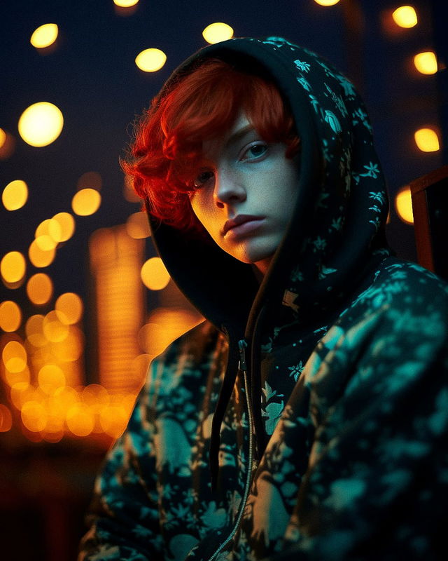 Red-haired boy in a patterned black hoodie, photographed with cyan and orange neon light, Midjourney V5.2