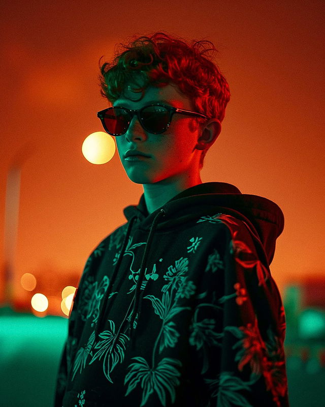 Red-haired boy in sunglasses and floral hoodie, neon-lit photograph in orange and cyan, Midjourney V6.0