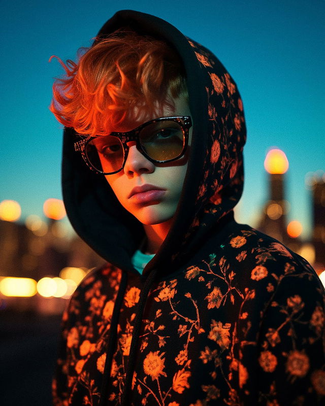 Red-haired boy in sunglasses and floral hoodie, neon-lit photograph in cyan and orange, Midjourney V5.2