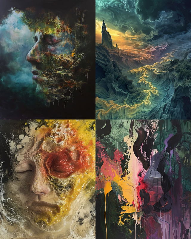 Four abstract petrichor interpretations with faces, landscapes, and fluid textures in vivid colors, Midjourney V6.0