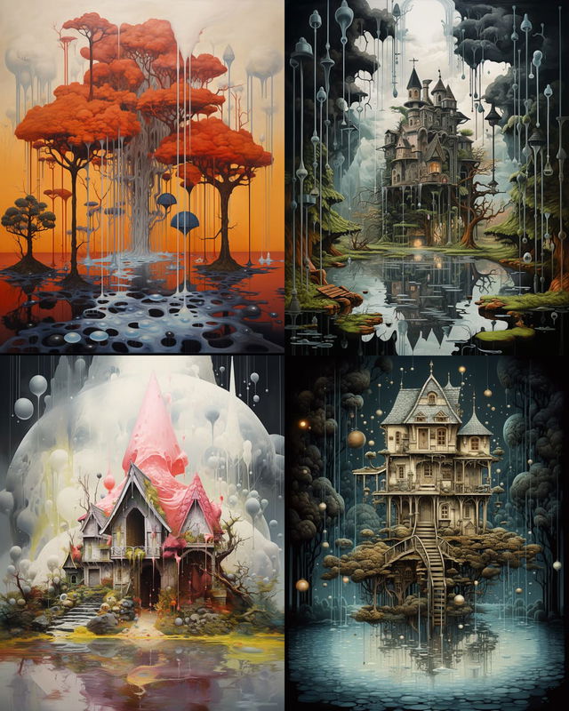 Surreal forests and houses with dimensional rain, detailed digital art in muted, glowing palettes, Midjourney V5.2