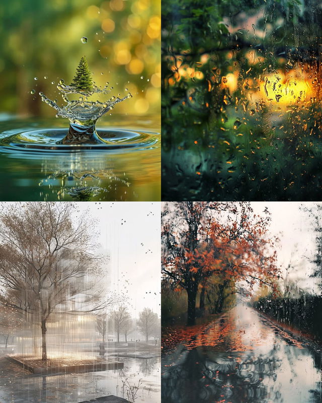 Petrichor evoked through rain, water, trees, and reflections in lush photographic scenes, Midjourney V6.0