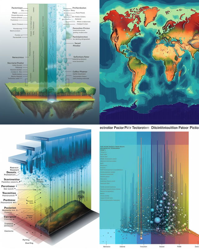 Surreal diagrams of landscapes, a world map, and dimensional data structures in vivid colors, Midjourney V5.2