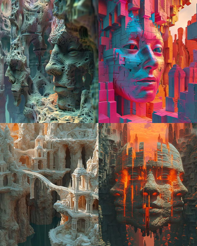 Four surreal faces merged with intricate geometric cities in teal, pink, ivory, and orange, Midjourney V6.0