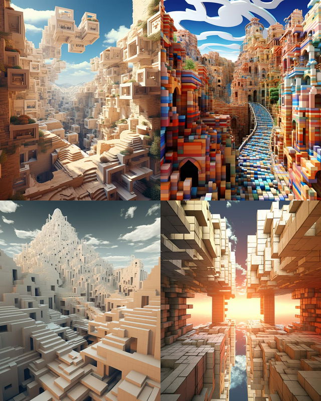 Surreal geometric cities in four panels, rendered as colorful voxel architecture in bright light, Midjourney V5.2