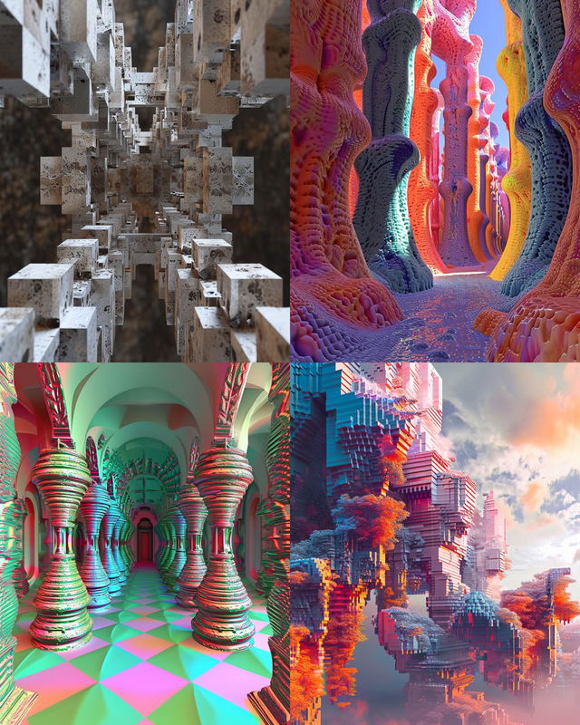Four abstract architectural scenes with geometric forms, vivid colors, and surreal lighting, Midjourney V6.0