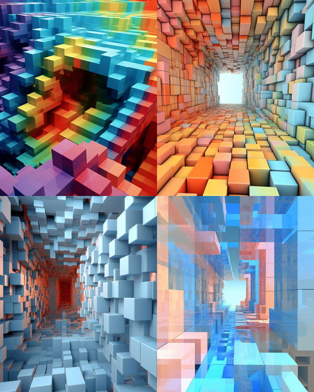 Four abstract voxel tunnels in vivid rainbow, warm, cool and translucent palettes with bright light, Midjourney V5.2