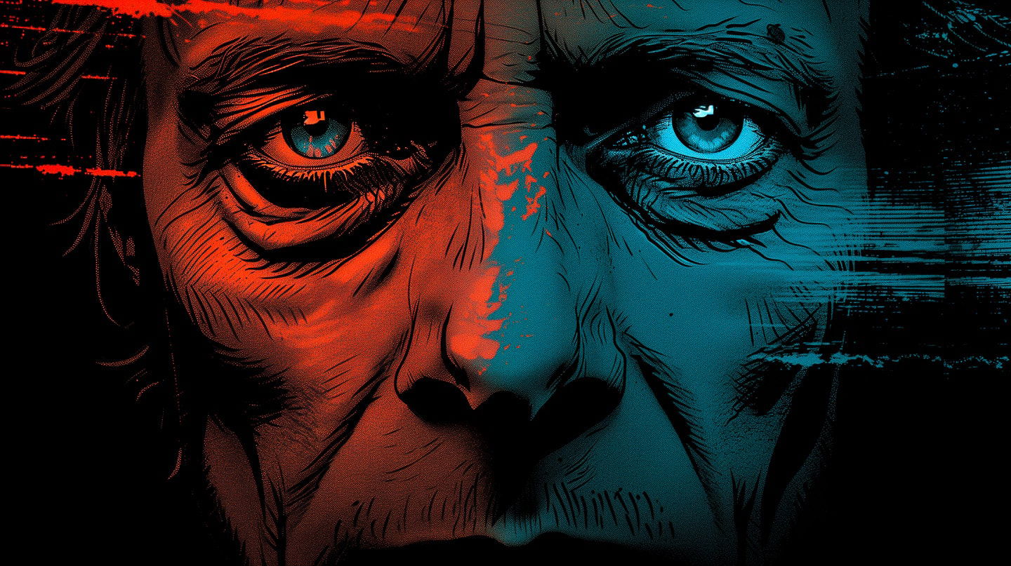 Split-lit face in dark dramatic manga ink, vivid red and blue hues, in the style of Frank Miller, Midjourney V6.0
