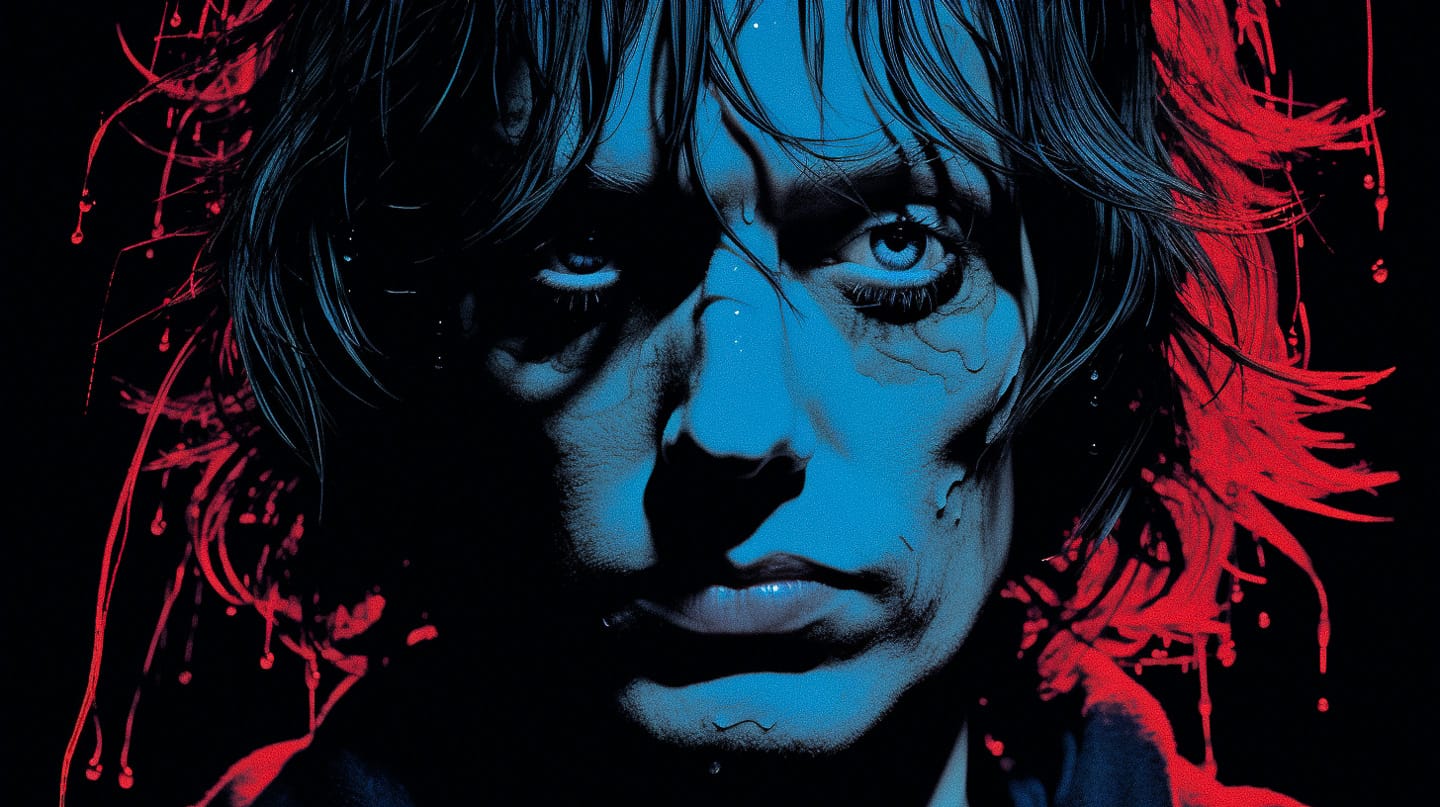 Close-up manga portrait in stark black, electric blue, and vivid red, in the style of Frank Miller, Midjourney V5.2
