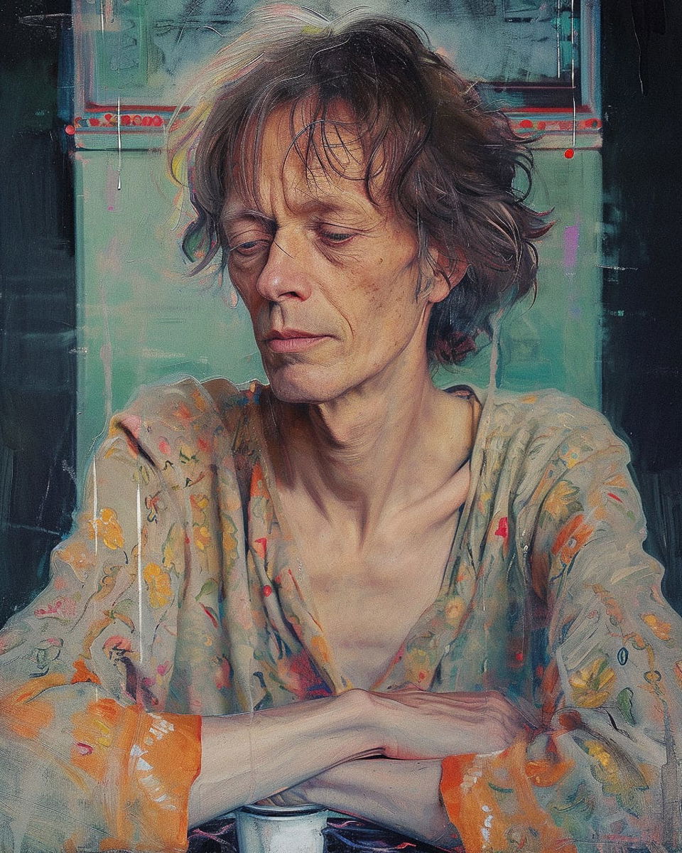Woman with folded arms, oil portrait in the style of Richard Edward Miller, muted teal palette, Midjourney V6.0