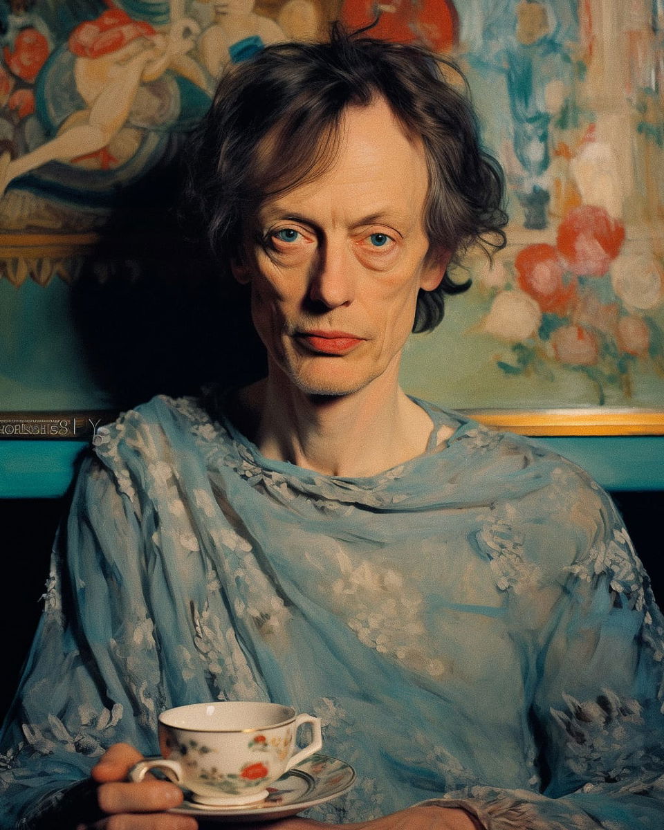 Woman holding a teacup, in the style of Richard Edward Miller, with muted teal tones and soft light, Midjourney V5.2