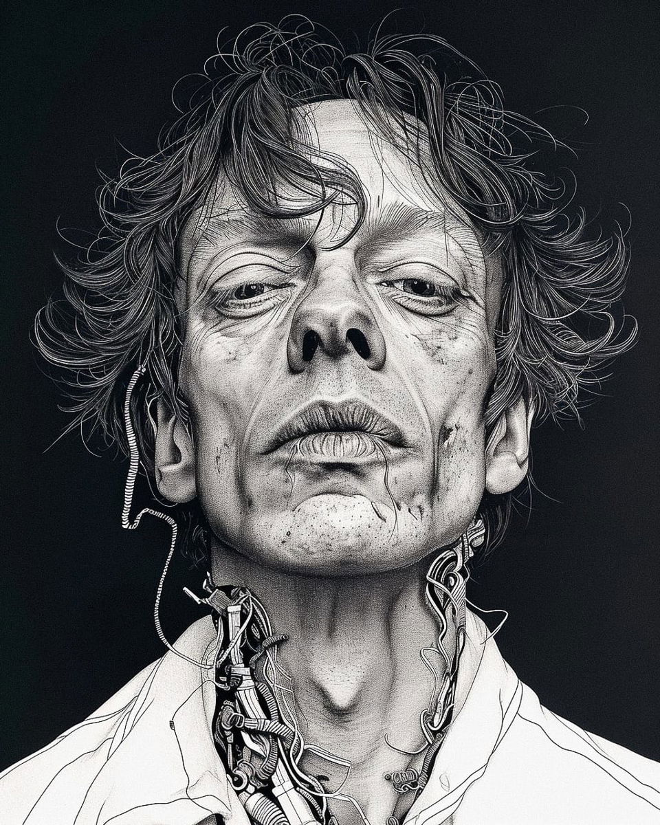 Illustrated portrait of a curly-haired man in detailed black-and-white ink linework, Midjourney V6.0