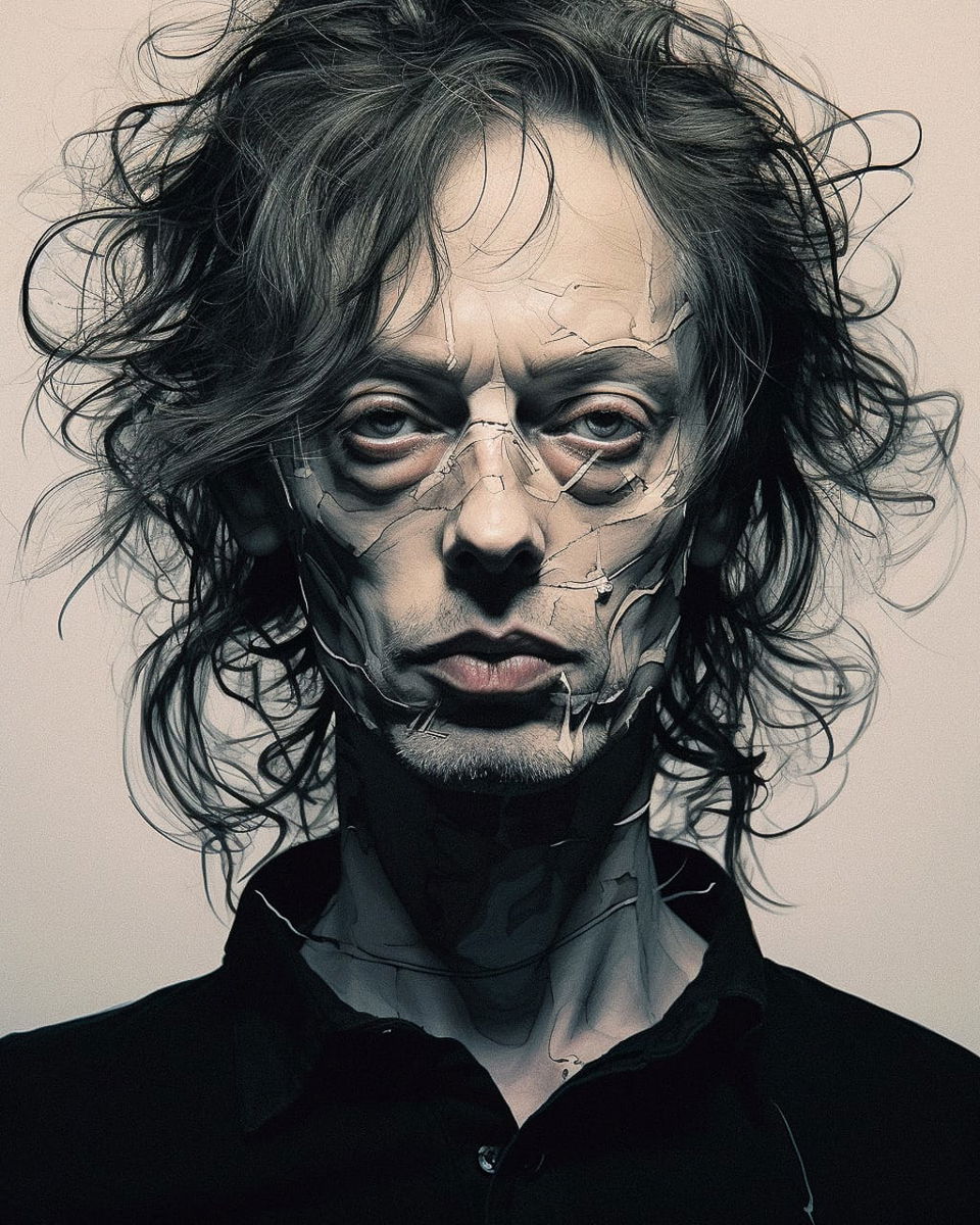 Cracked-faced man with wild hair, illustrated in muted grayscale with dramatic shading, Midjourney V5.2