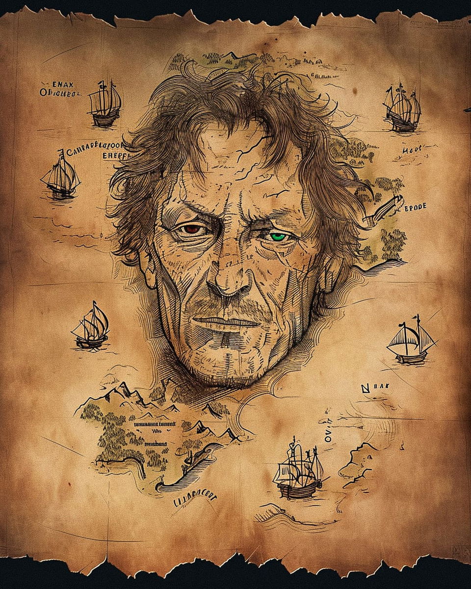 Pirate island map with a weathered captain's face, sepia ink drawing on aged parchment, Midjourney V6.0