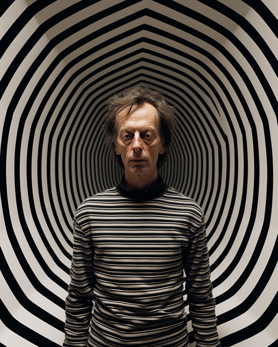 Man in a striped sweater against concentric rings, in the style of Mark Wallinger, Midjourney V6.0