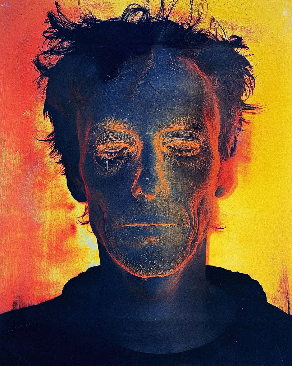 Portrait in thermographic photography style with fiery red, orange, and yellow tones, Midjourney V6.0
