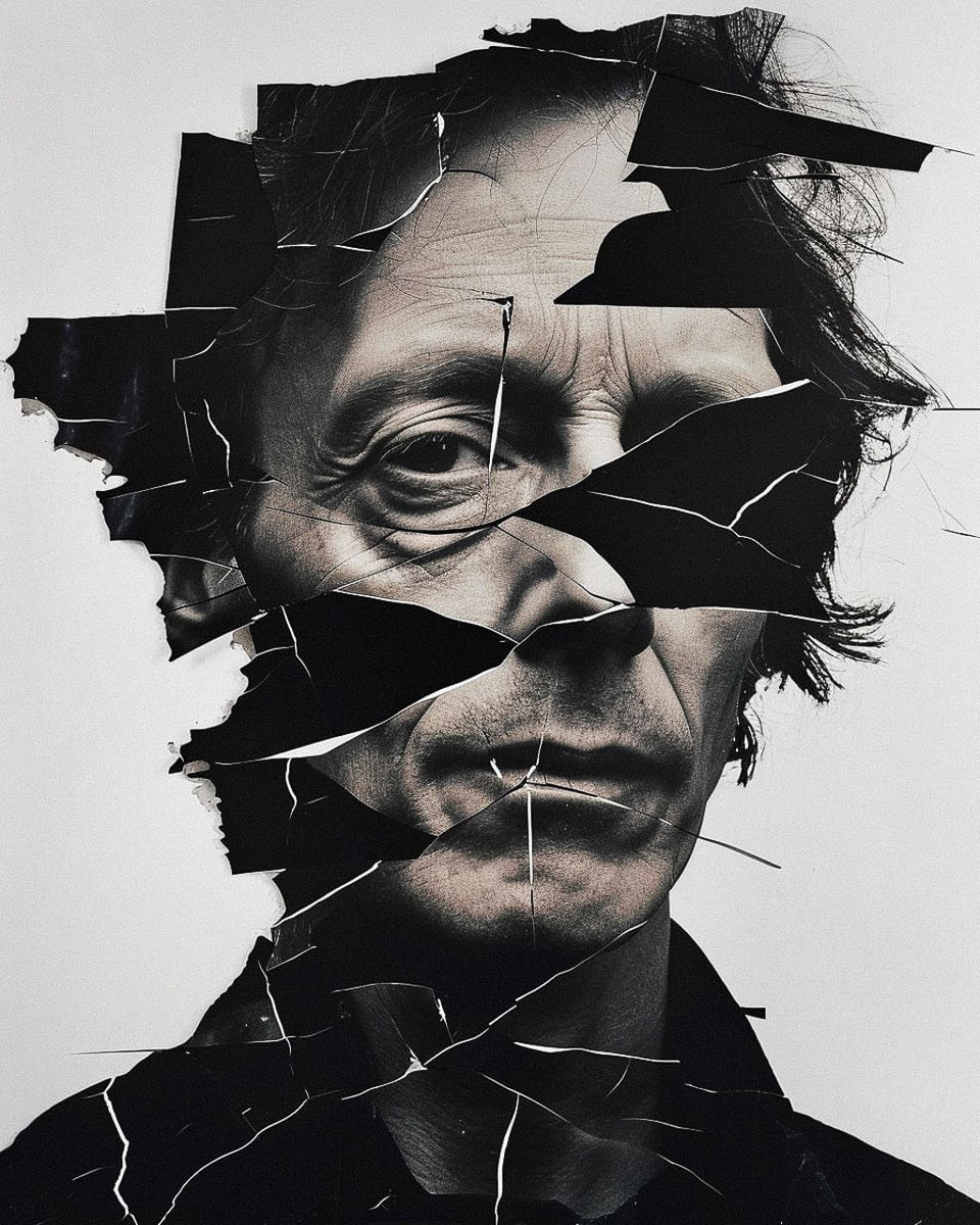 Distorted portrait in the style of Jannis Kounellis, fragmented black-and-white collage, stark light, Midjourney V6.0