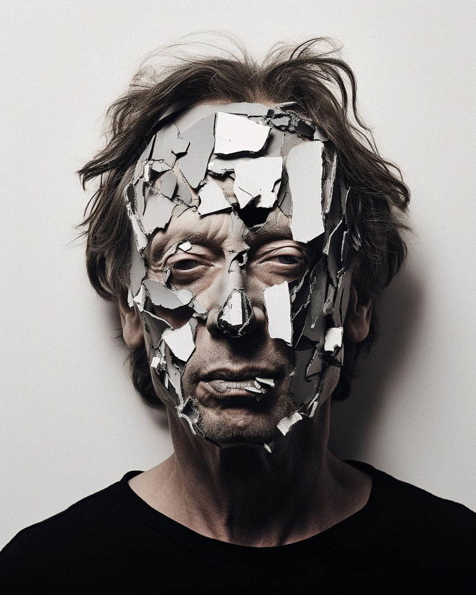 Distorted portrait with fractured facial pieces in the style of Jannis Kounellis, monochrome light, Midjourney V5.2