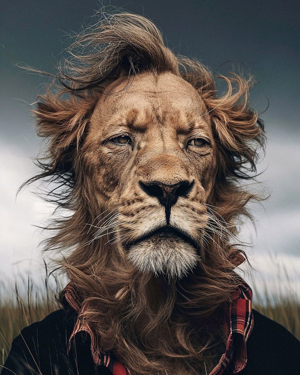 Lion-headed man with windblown hair and beard, in the style of Simen Johan, muted natural light, Midjourney V6.0
