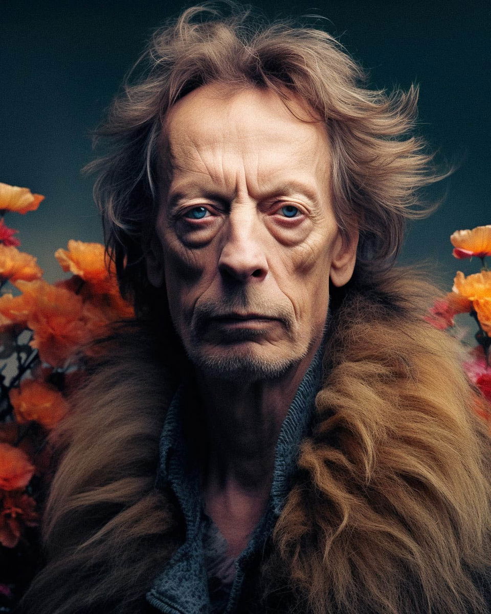 Lion-like man in a fur cloak, cinematic portrait with dark tones and orange flowers, Midjourney V5.2