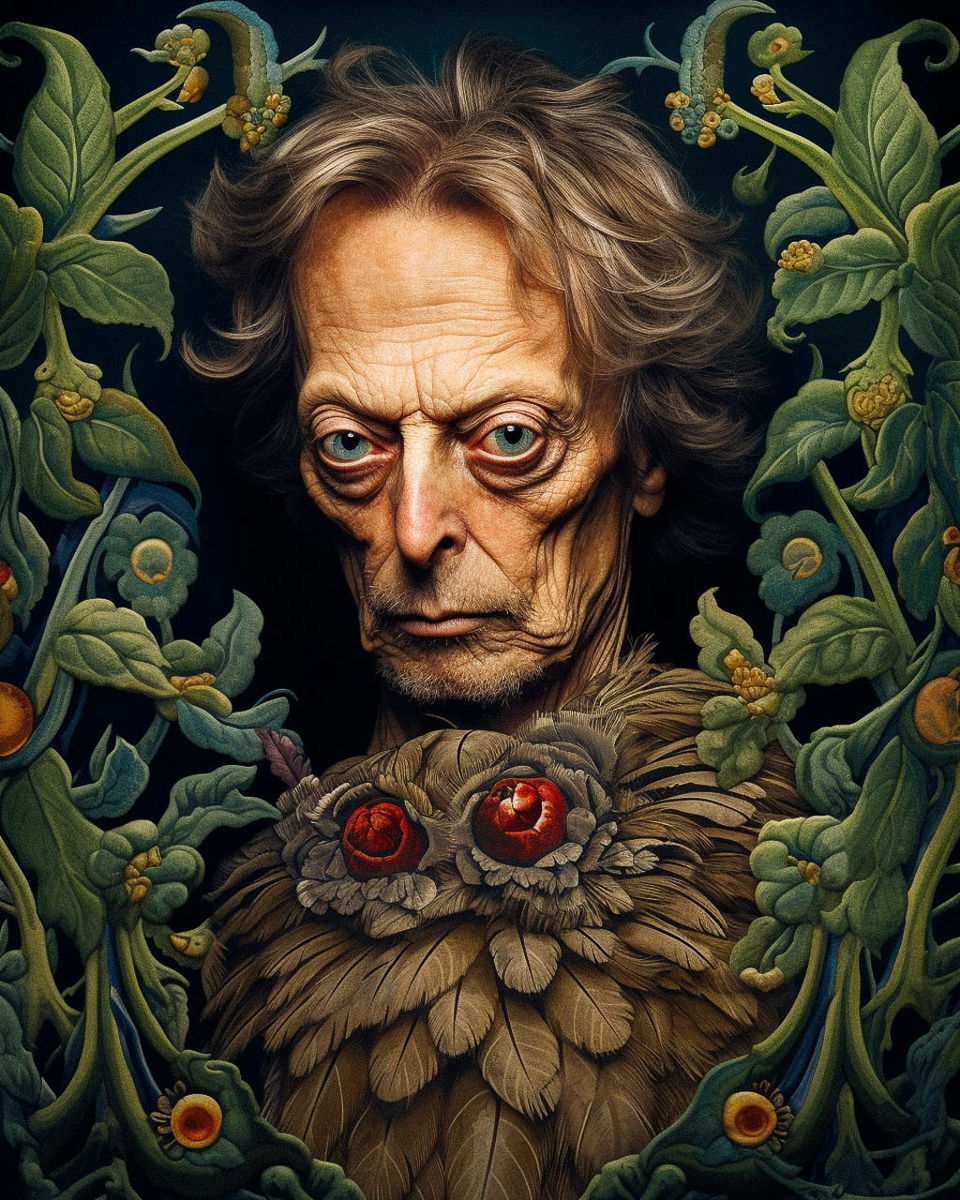 Old wise owl portrait in the style of Johanna Basford, botanical illustration in earthy tones, Midjourney V5.2