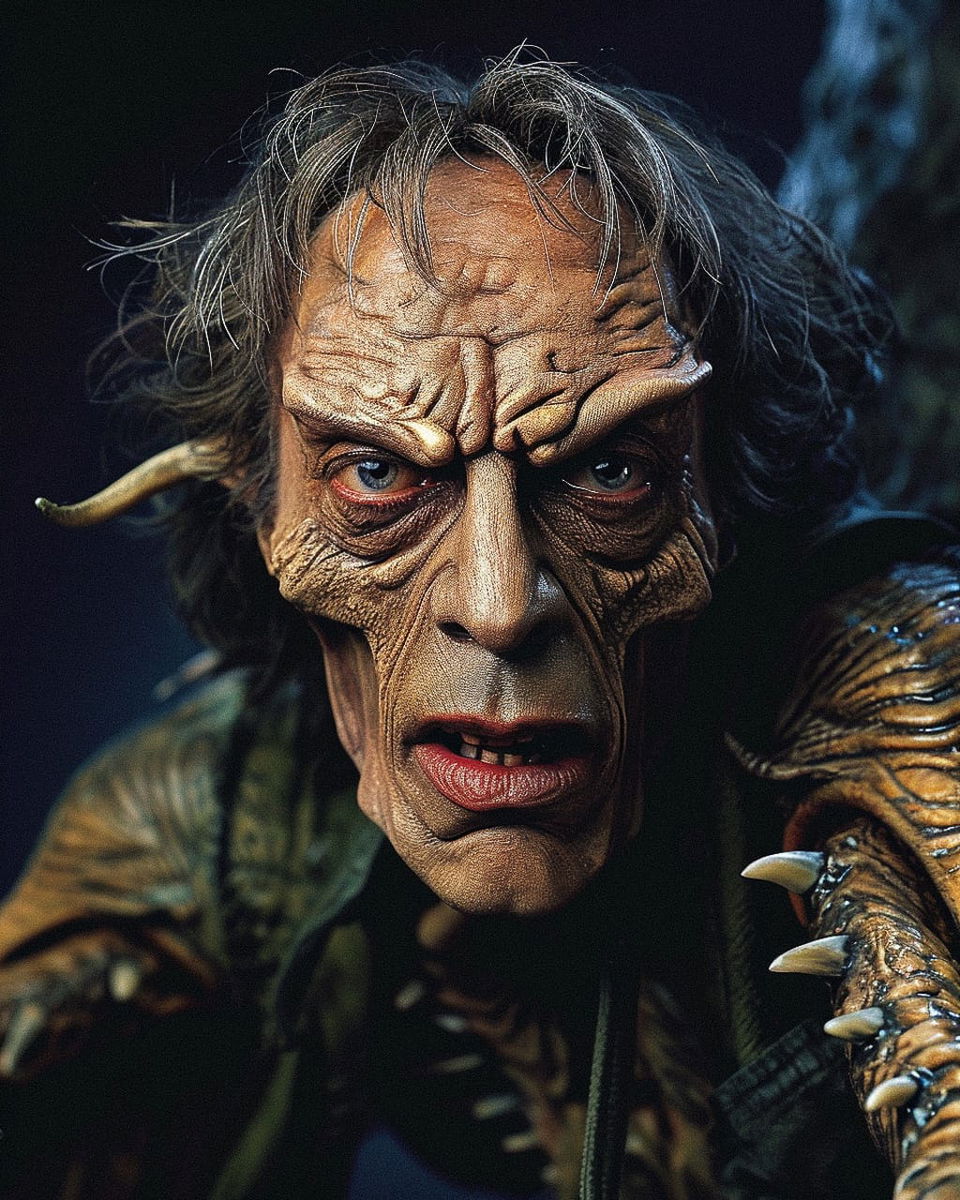 Horned humanoid portrait in the style of Stan Winston, cinematic dark lighting and earthy tones, Midjourney V6.0