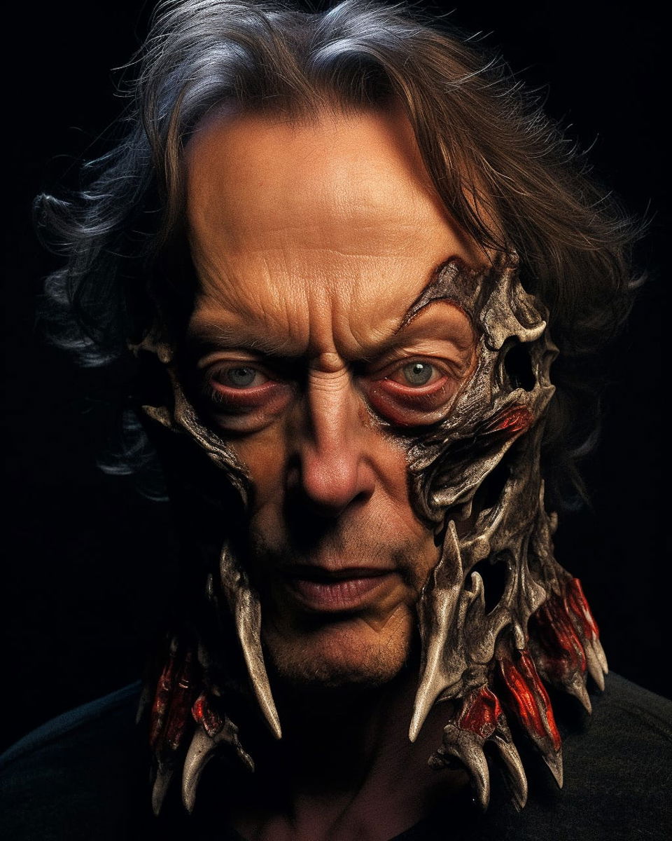 Portrait of a man with a skeletal half-face and collar, hyperrealistic with dramatic lighting, Midjourney V5.2