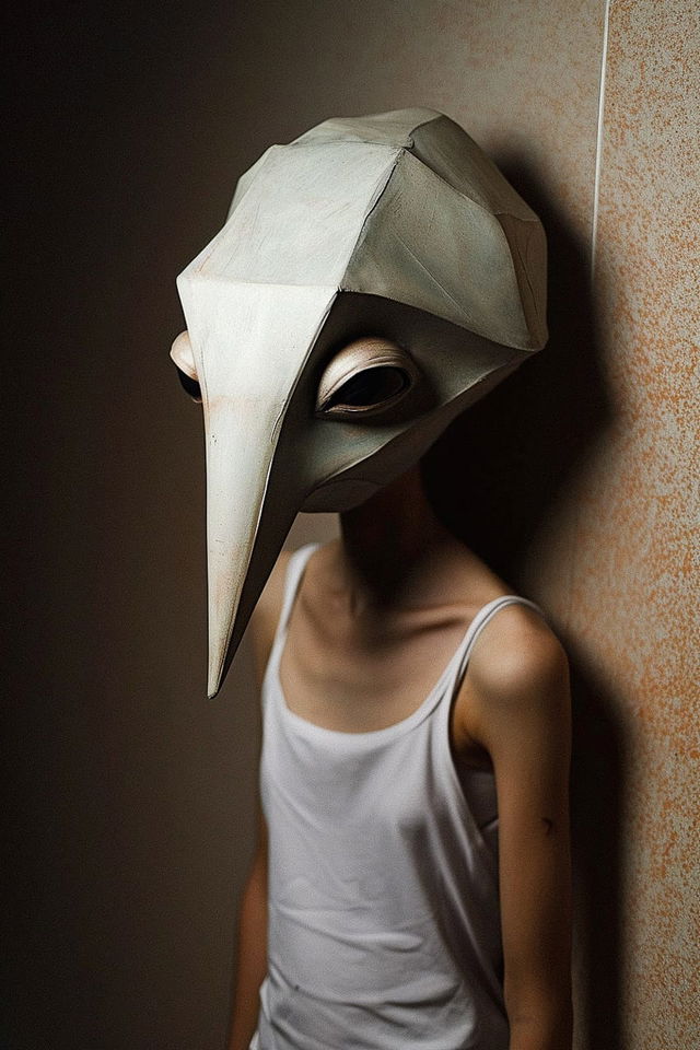 Alien wearing a faceted geometric mask with a long pointed face, photographed in muted light, Midjourney V6.0