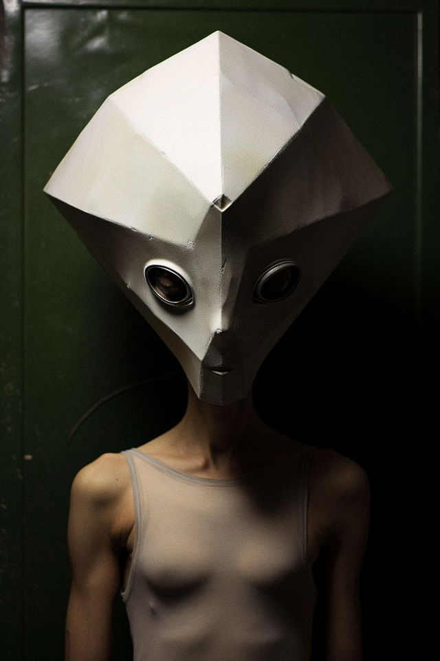 Alien with a faceted trigonometrical head, realistic portrait in muted tones and dramatic light, Midjourney V5.2