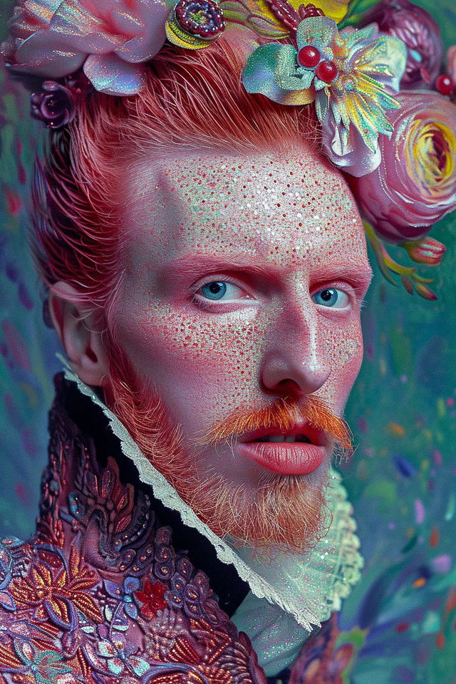 Bearded man with floral headwear, vivid embellished textures and colorful light, Midjourney V6.0