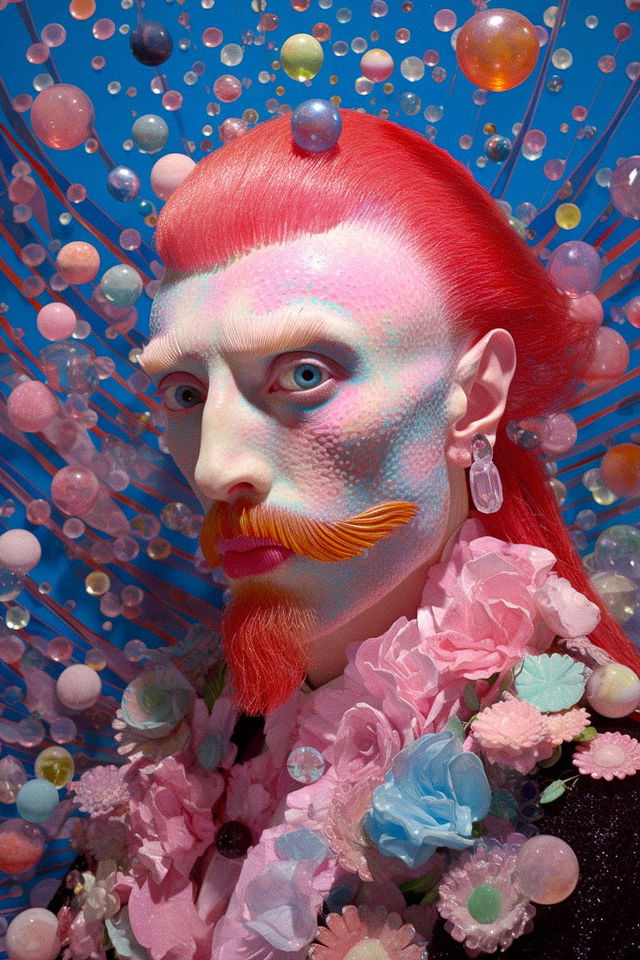Surreal portrait with red hair and floral collar, vibrant photograph in candy-colored light, Midjourney V5.2
