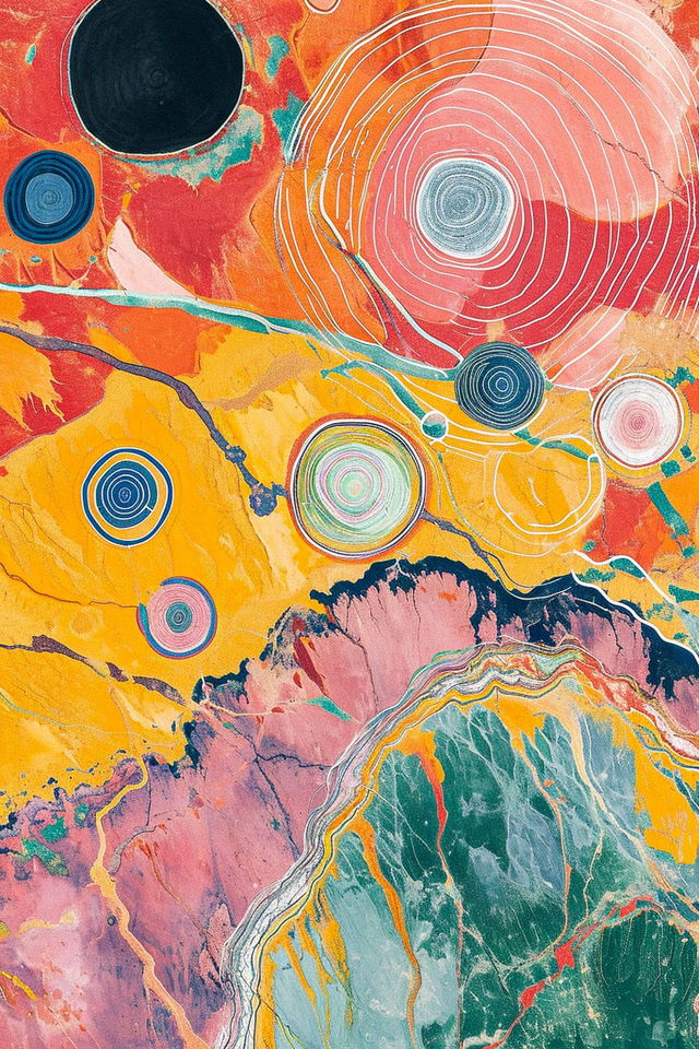 Colorful satellite landscape with circular fields and winding terrain, in a vivid painterly palette, Midjourney V6.0
