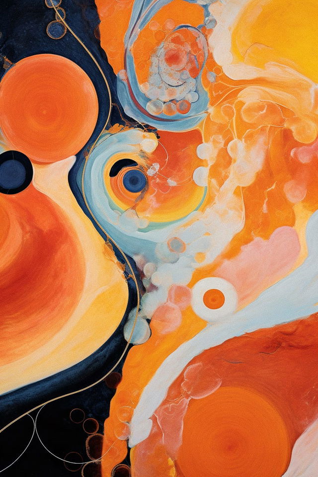 Abstract colorful landscape with fluid acrylic textures in vivid orange, blue, and black, Midjourney V5.2