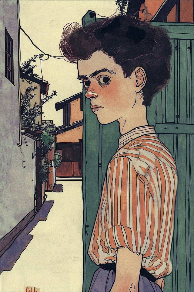 Young person in a narrow alley, illustrated in anime style with muted colors and bold ink lines, Midjourney V6.0