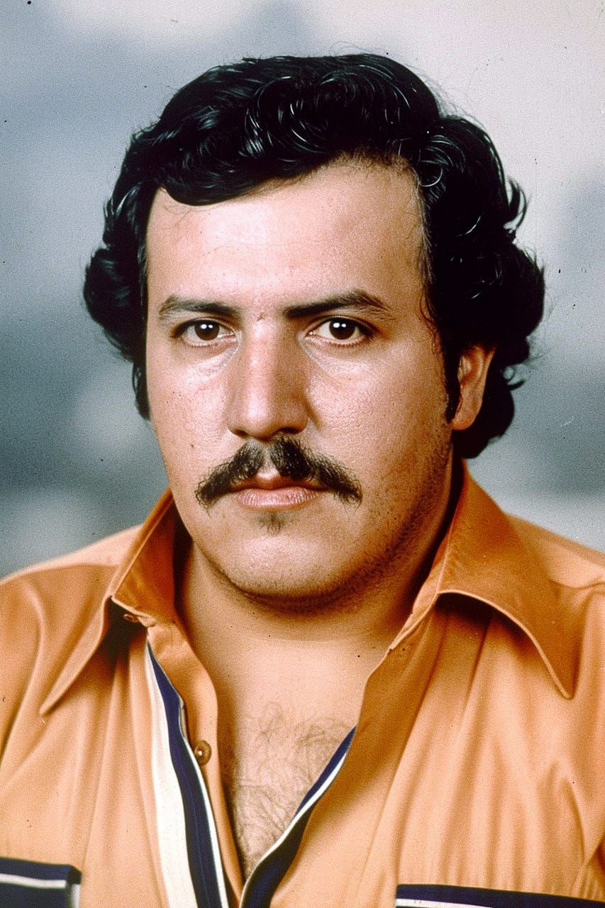 Pablo Escobar in an orange shirt, vintage color film grain and flat lighting, Midjourney V6.0