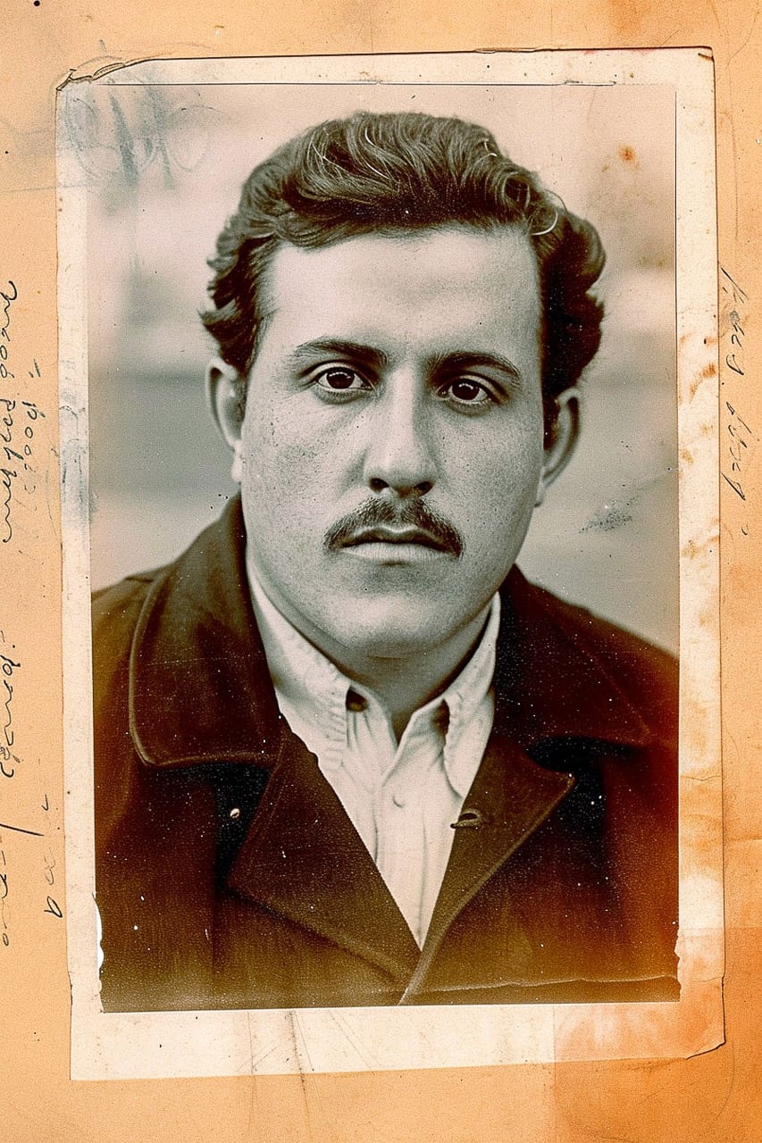 Prison mugshot of a mustached man on a criminal case file, aged sepia court photograph, Midjourney V6.0