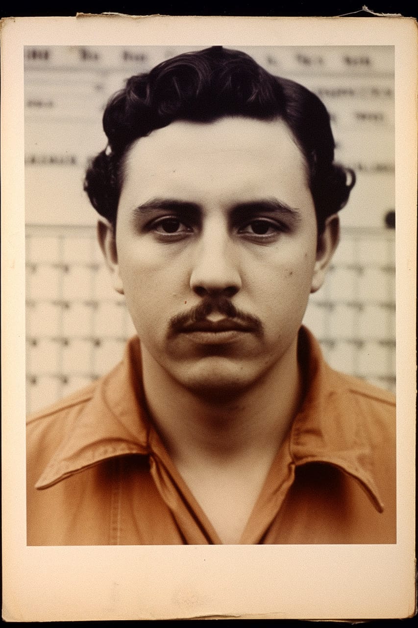 Prison mugshot of a mustached man, vintage court photograph with warm sepia tones, Midjourney V5.2