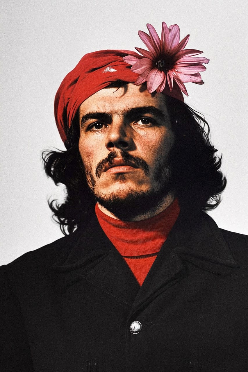 Che Guevara wearing a flowered red beret, in the style of Miles Aldridge, with stark studio light, Midjourney V6.0