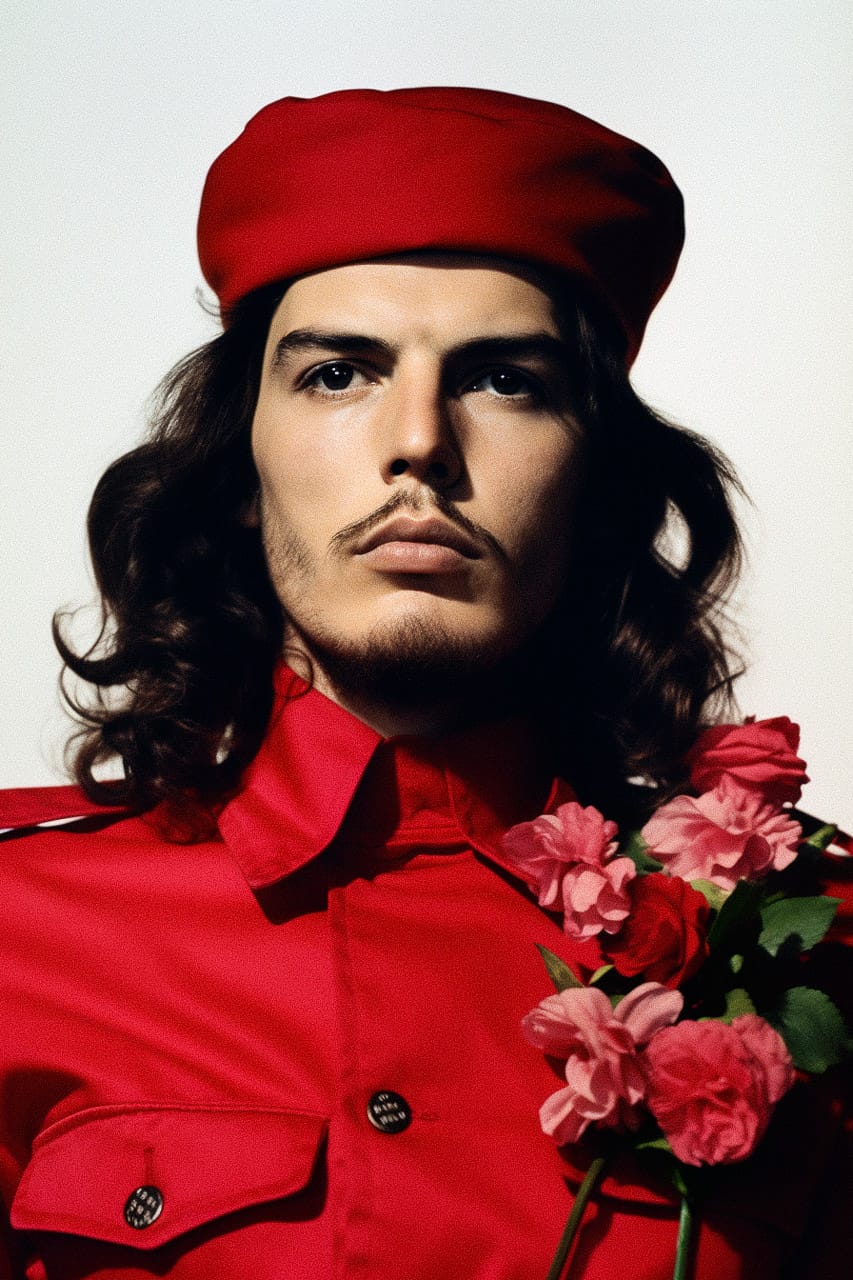 Che Guevara in a red beret and uniform holding flowers, in the style of Miles Aldridge, Midjourney V5.2